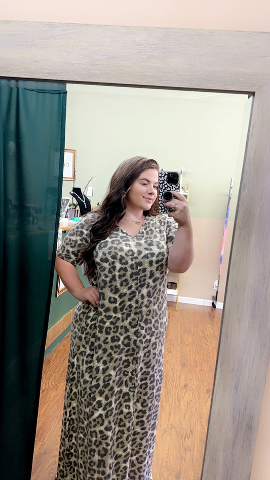 Olive Leopard V-Neck Maxi Dress