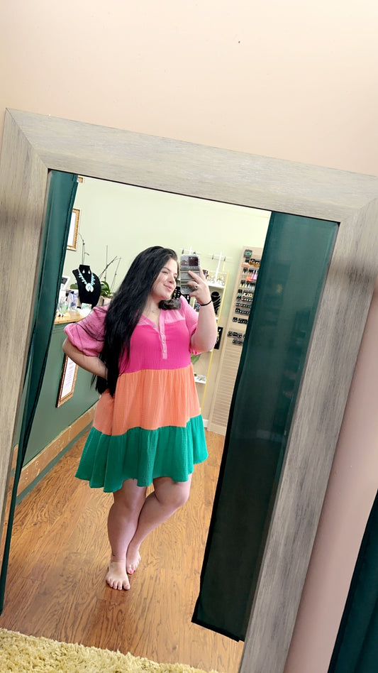 Puff Sleeve Colorblock Dress