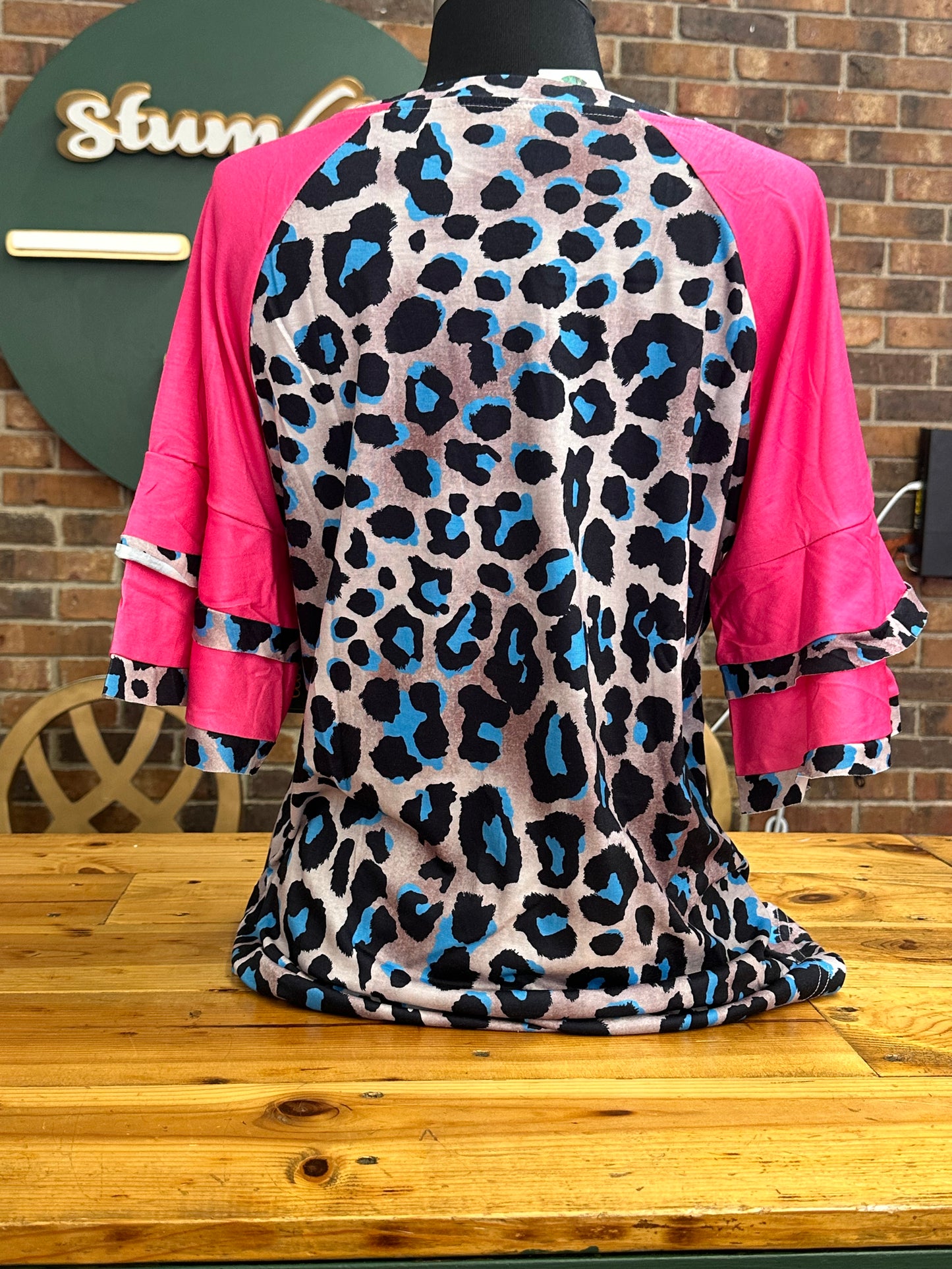 Rose Leopard Patchwork Ruffle Sleeve Top